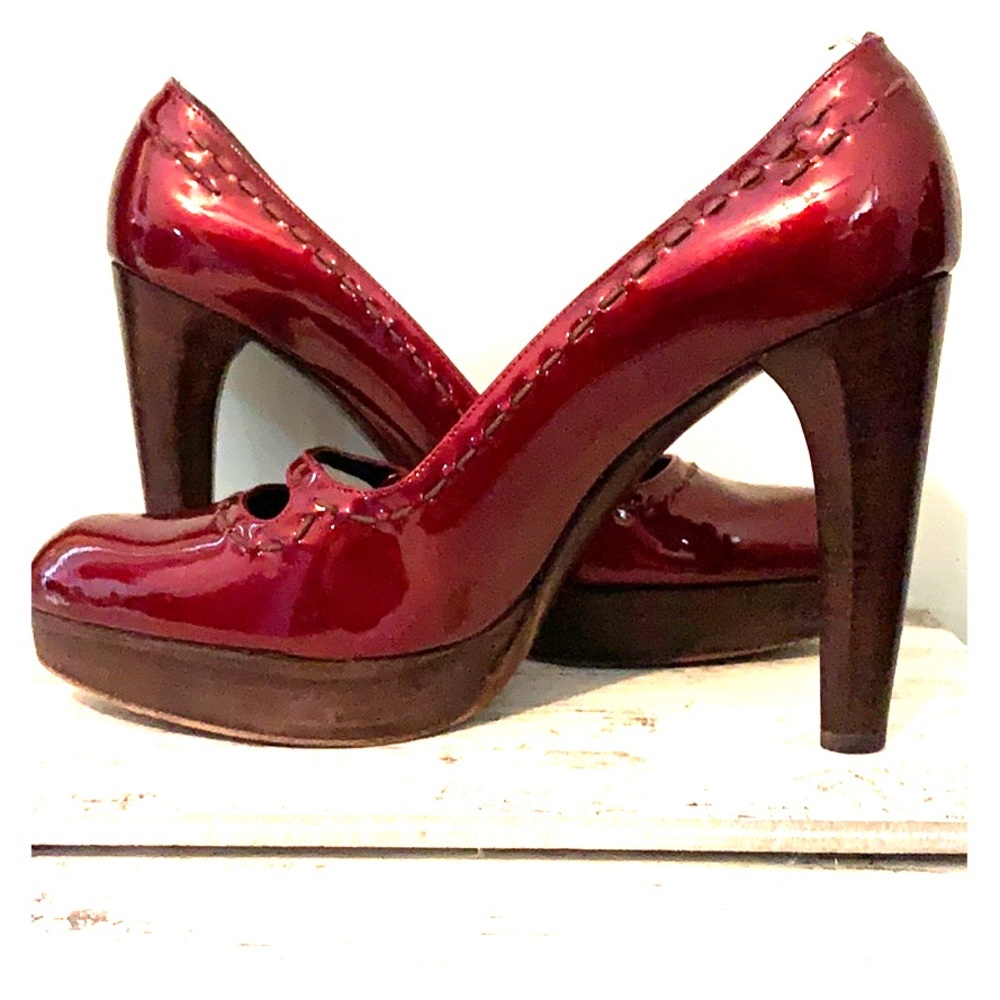 Stuart Weitzmen Red Patent Leather Peep Toe Stilettos